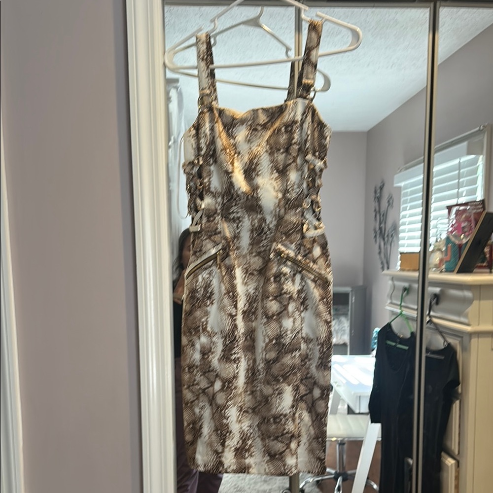 Cache Brown and Tan Sheath Dress Square Neck Sleeveless Midi